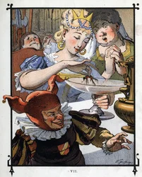 Lemuel Gullivert átfestik egy edényre, amelyben Brobdingnag királynője buktatta el. Illusztráció a Gulliver utazásaihoz, Jonathan Swift (1667-1745)