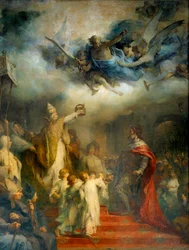 III. Leó pápa Rómában, a Szent Péter-bazilikában nyugati császárrá koronázza Nagy Károlyt nyolcszázban, karácsony napján. Henry Leopold Levy (1840-1904) festménye