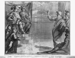 Krisztus élete, Szent Pál prédikáció, gobelinrajzfilm előkészítő tanulmányozása a párizsi Saint-Merri templom számára, 1585-90 körül (pierre noire und wash és fehér kiemelések a papíron)