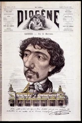 Karikatúra Charles Garnier-ről, aki művén, az Opera Garnier-n ül - a „Diogenész” című filmben 1867.11.02.