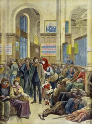 Olasz emigránsok a párizsi Gare Saint Lazare pályaudvaron 1896-ban (metszet)
