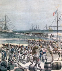A szenegáli csapatok partraszállása a Cotonou-i New Wharfnál, Beninben, 1892