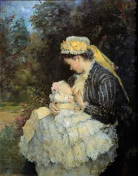 Nővér csecsemőt szoptat Henri Michel Levy (1844-1914) festménye.