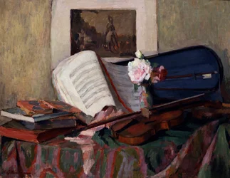 Csendélet hegedűvel. Henri Ottmann (1877-1927) festménye Magángyűjtemény.