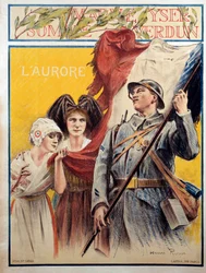 A hajnal: propagandaplakát az első világháború idején, két nővel, akik Elzászt és Lotaringiát (Elzász-Lotaringia) jelképezik
