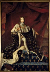 XIV. Lajos 10 éves volt (1638-1715), 1648-ban nagy királyi köntösben képviseltette magát trónján, a Királyi Festő- és Szobrászati Akadémia védelmezője, körülvette a tudomány és a művészetek attribútumait. Henri Testelin (1616-1695) festménye (h s/t 2.