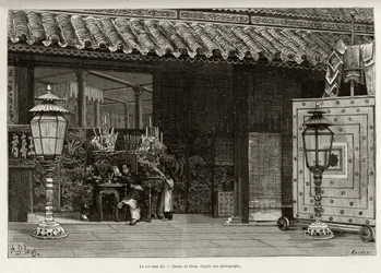 Dong Khanh király (1864-1889) Annam császára, otthona Hue birodalmi városában (Vietnam). Thiriat metszete Dr. Charles Edouard Hocquard (1853-1911) „Trente mois au Tonkin” című történetének illusztrálására, 1885-ben, a Le tour du monde, nouveau Journal de