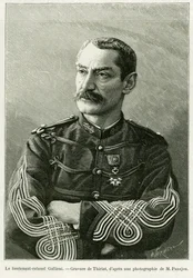 Gallieni József alezredes (1849-1916). Thiriat metszete a történet illusztrálására Két hadjárat Francia Szudánban