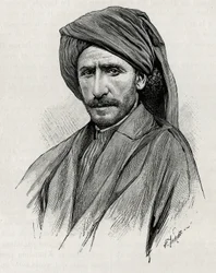 Moses sejk, Arabisztán (vagy az Arab-félsziget) leghatalmasabb törzsi vezetőjének portréja. Thiriat metszete a „Perzsia, Káldea és Susiana” című beszámoló illusztrálására