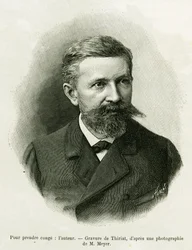 A szerző portréja: Charles Grad (1842-1890), német politikus, író és természettudós. Thiriat metszete az Elzászon és Lotaringián keresztül című történet illusztrálására 1887-ben, Charles Grad német deputátor, a tour du monde 1888-ban, Edouar rendezésében.
