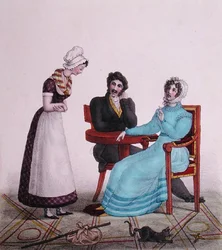 „És mindenekelőtt légy jó!”, karikatúra egy párról, akik a szobalányukkal beszélgetnek, mielőtt elmegy, 1820-30 körül (színes litó)