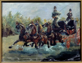 Alphonse Toulouse Lautrecből vezeti az e-mail edzőjét. A postakocsi egy szedán négy lóval, több üléssorral a kocsi tetején). Henri de Toulouse Lautrec festménye