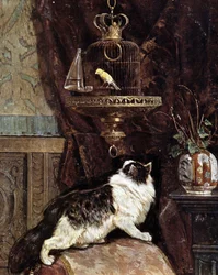 Macska kémkedik egy madarat egy ketrecben – Henriette Ronner