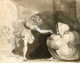 Galinthias túlszárnyalja Eileithyiát azzal, hogy bejelenti Héraklész születését (Versó: Mrs. Fuseli portréja) (grafit-, tinta- és tintamosások fehérrel megerősítve, fehér fektetett papíron)