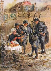 Egy idős nő, aki süteményt árul Verdun omló házai között, illusztráció a Brave Deeds című filmből, Brave Men, C. Sheridan Jones, pub. 1922
