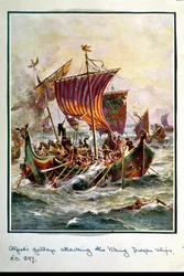 Alfréd gályái megtámadják a viking sárkányhajókat, Kr. u. 897, illusztráció a „Hutchison