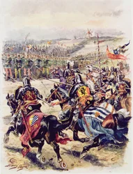 A francia lovasság rohama, illusztráció az angol történelem dicsőséges csatáihoz, C.H. Wylly, 1920-as évek