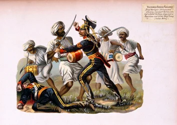 Hartigan őrmester, 9. Lancers, fegyvertelen 4 bennszülöttre támadt, akik zenésznek álcázva léptek be a táborba, és megölték Sergeant Crews-t, az Indian Mutiny a „Victoria Cross Gallery 185” című sorozatból.