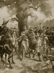 A dánok által megölt Szent Edmund, Kr. u. 870, illusztráció „Hutchinson története a brit nemzetről” című műből, 1920 körül