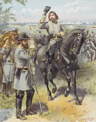 Pickett tábornok felveszi a rohamra vonatkozó parancsot Longstreet tábornoktól, Gettysburgi csata, 1863. július 3. (színes litó)