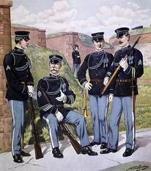 Amerikai gyalogság teljes öltözetben 1902-07, felfegyverkezve 1903-as amerikai táras puskával (színes litográfia)