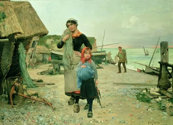 Fisherfolk visszatér hálóival, Etretat