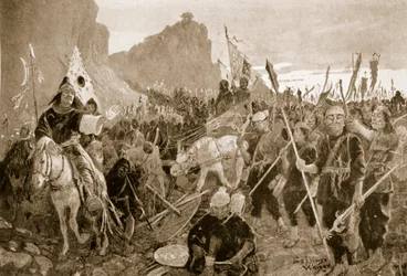 Katonák „falatokkal” a szájukban, illusztráció a „Hutchinsons History of the Nations” című könyvéből, 1920 körül