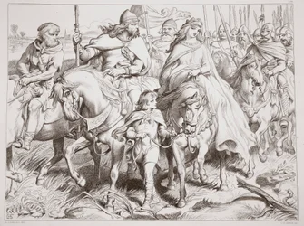 Hereward biztonságba helyezi Alftrudát, illusztráció Charles Kingsley Hereward the Great című művéből, kiad. 1870, metszet: C.G. Lewis (acéllemez-metszet)