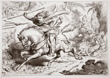 Hogyan került Hereward csapdába? Illusztráció a Nagy Herewardból, Charles Kingsley, kocsma. 1870, metszett: C.G. Lewis (acéllemez gravírozás)