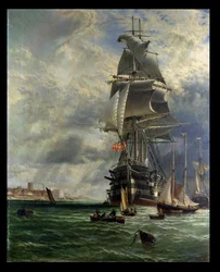 A H.M.S. St. Vincent horgonyzóhelyén, a Haslar Creek bejáratánál, Portsmouth, 1868