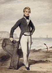 Edward Pocock R.N. portréja, kicsi, teljes hosszában, apálykor egy partra húzott evezős csónak mellett,