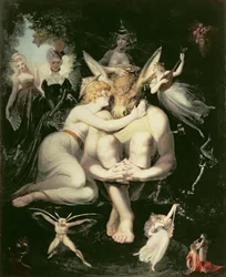 Titania felébred, szolgáló tündérektől körülvéve, elragadtatva kapaszkodik Bottombe, aki még mindig a szamárfejet viseli, 1793-4