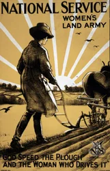 I. világháború: „Egy fiatal nő szántja a földet”” propagandaplakát a női szárazföldi hadsereg számára 1917 Illusztráció: Henry George Gawthorn (1879-1941) DR