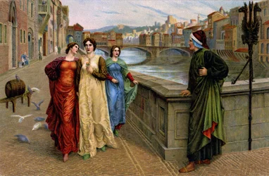 Dante Alighieri találkozik múzsájával, Beatrice Portinarival Firenzében, 1890 körül (nyomat)