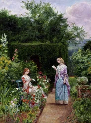 Külföldi hírek. Egy fiatal nő egy kerti padon ülve hallgatja, ahogy egy másik nő felolvas egy levelet. Henry John Yeend King (1855-1924) festménye. Magángyűjtemény.