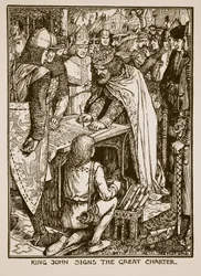 János király a Nagy Chartát énekli, illusztrációja C.R.L. „Anglia története” című művéből. Fletcher és Rudyard Kipling, 1911