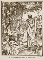 Szent Ágoston prédikál Ethelbertnek, illusztráció az „Anglia története” című könyvéből, C.R.L. Fletcher és Rudyard Kipling