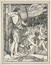 Ulysses lövi az első nyílvesszőt a Wooers-re, Andrew Lang „A görög tenger meséiből”