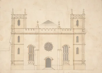 Újjáéledő gótikus templom homlokzata, 1745-76.