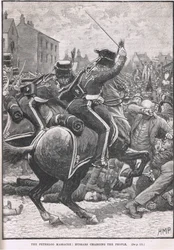 Peterloo-i mészárlás a huszárokkal az emberek ellen, illusztráció Cassell „Anglia illusztrált története” című művéből, 1910 körül.