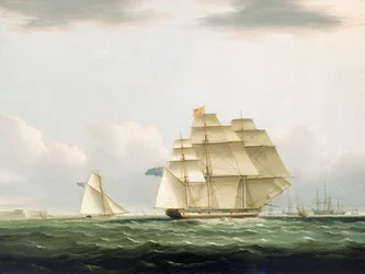 A "Royal Sovereign" jacht Clarence hercegnőjével a fedélzeten, amint elhagyja Portsmouth-t, hogy megtekintse a Spitheadben horgonyzó orosz hajóraj látogatását, 1827. augusztus 8., 1830 körül (olaj, vászon, keret).