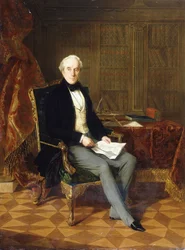 Henry Pelham-Clinton, K. G., Newcastle 4. hercegének portréja, kezében egy dokumentummal, tanulmányában, 1850