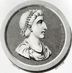 Theodosius portréja, „A Római Birodalom hanyatlásának és bukásának története”, 9. kötet, 139. oldal, Edward Gibbon, 1808