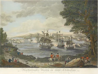 MacDonough győzelme a Champlain-tavon és a brit hadsereg veresége Plattsburgnál, Genl Macomb által, 1814. szeptember 11., metszet: B. Tanne, 1816