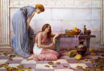 "Virágok és gyümölcsök" Melankolikus arckifejezésű drapériás nők egy antik villa udvarán. Henry Ryland (1856-1924) festménye.