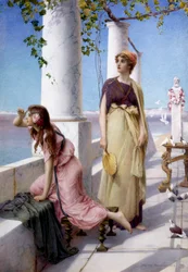 "Fiatal nők a horizontot fürkészik a teraszukról, antik stílusban. Henry Ryland (1856-1924) festménye 1910 Magántulajdon.