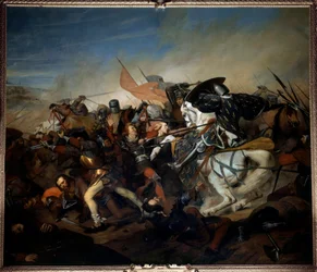 Kilátás a kasseli csatára 1328.08.23-án, VI. Valois-i Fülöp győzelme a flamand hadsereg felett Henry Scheffer (1798-1862) festménye 1837 V. 4,65x5,43 m versailles, kastélymúzeum