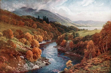 Awe folyó a Loch Etive folyóba ömlik, Argyllshire (színes litográfia)