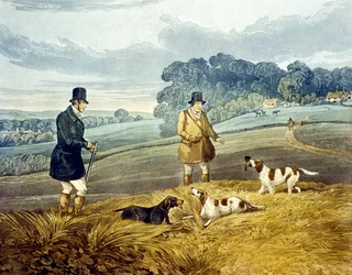Retrieving, a "Partridge Shooting" című, Joseph Clayton Bentley (1809-51) 1835-ös metszetéből (színes metszet).