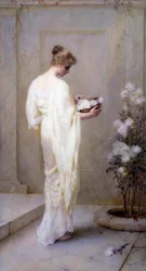 "Divinely Fair" Fehérbe öltözött fiatal nő, kezében virággal, amely a tisztaságot szimbolizálja. Henry Thomas Schaefer (1845-1915) festménye 1893 (pre-rafaelita) Magántulajdon.